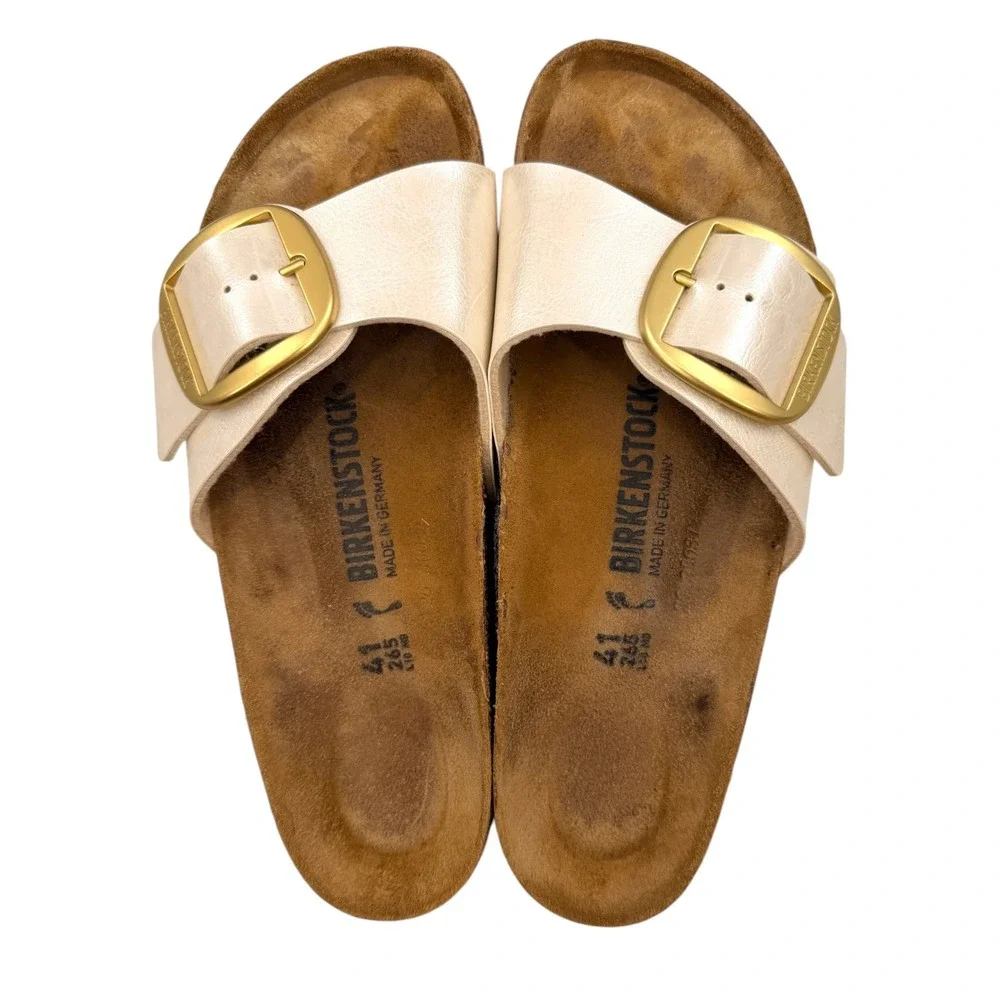 Birkenstock Madrid Big Buckle Pearl White Gold Leather Slide Sandals EU 41 US 10